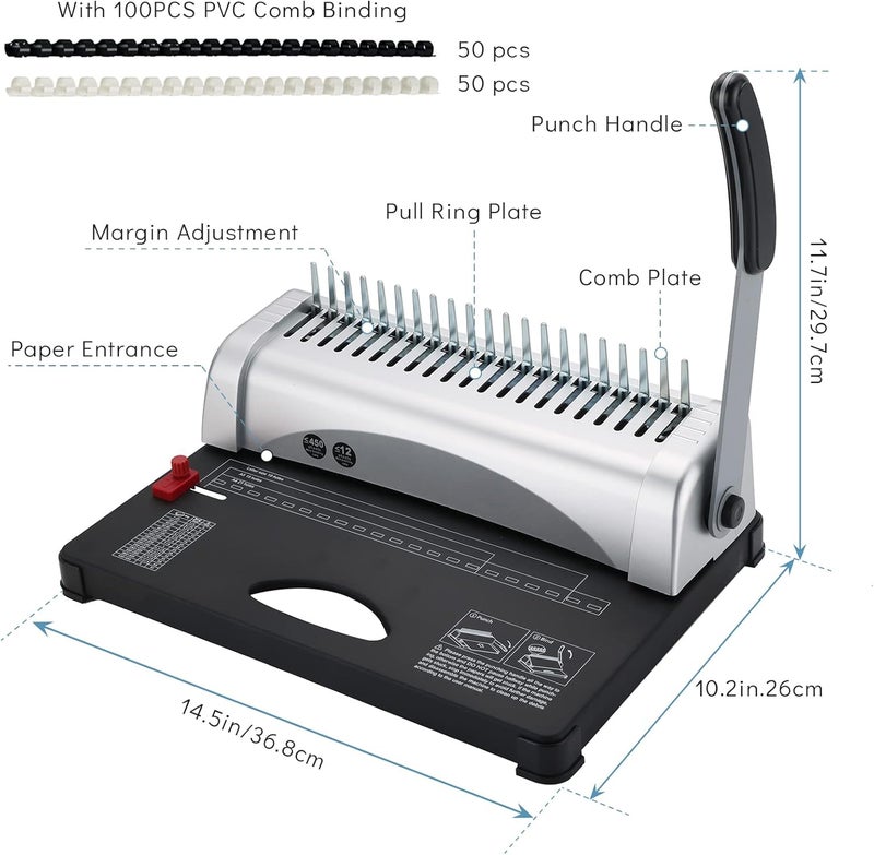 MYFULLY Comb Binding Machine, 21-Holes, 450 Sheets, Paper Punch Binder with Starter Kit 100 PCS PVC Comb Bindings Perfect for Letter Size, A4, A5 or Smaller Sizes Office Documents - Image 2